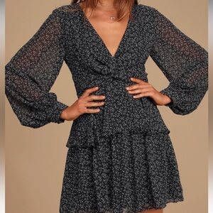 Lulus Black Floral Print Twist-Front Mini Dress
